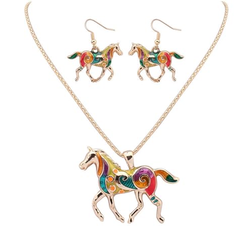 MALOYANVE Running Horse Earrings and Necklace Set for Women 3D Alloy Cute Sweet Colorful Animals Statement Dangle Earrings Kentucky Derby Fashion Jewelry Gifts (Gold Alloy)