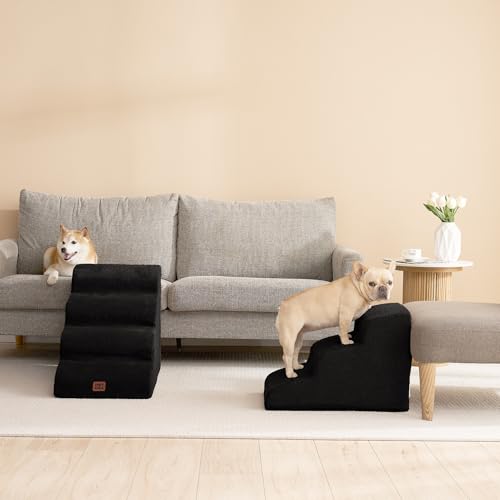 EHEYCIGA Hundetreppe für Kleine Hunde 50 cm Hoch, Haustiertreppe für Sofa Bett, Treppe für Hunde aus Hochdichtem Schwamm, Hunderampe mit Waschbarem Bezug und Rutschfestem Boden, 4 Stufen, Schwarz