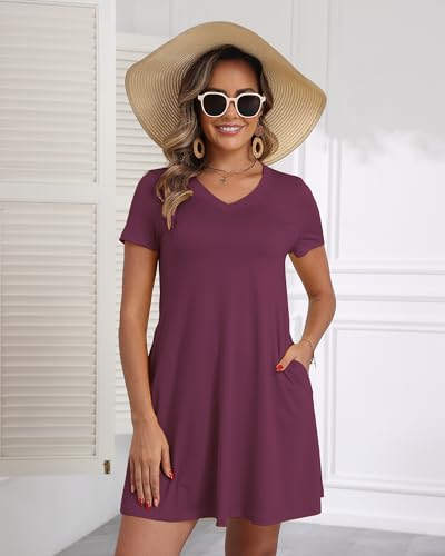 Image of COSSEN Women's Casual T Shirt Dress V-Neck Short Sleeves Swing Dresses Birthday Party Summer Travel Beach with Pocket