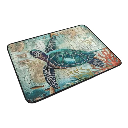 Sea Turtle Doormat Nautical Ocean Theme Starfish Retro Map Floor Mats Non Slip Washable Indoor Outdoor Entrance Bathroom Door Mat Home Decor, 23.6 x 15.7 inch