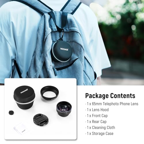 NEEWER HD 65mm Telephoto Phone Camera Lens with Lens Hood Only for 17mm Thread Lens Backplate Cell Phone Cage Case, 1.7X Zoom Lens Attachment Compatible with iPhone 16 15 S25 S24 Ultra Android, LS-66