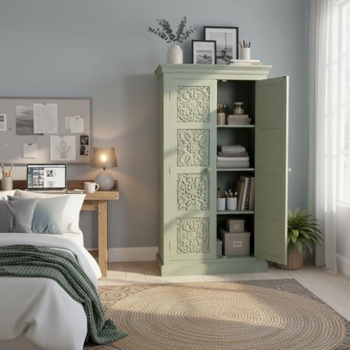 Image of APRODZ Floreale Mango Wood Wardrobe for Bedroom 2-Door Modular Wooden Almirah for Storage /Space Saving Storage Organizer Rack Clothes Cupboard for Bedroom (Sage Green Finish)