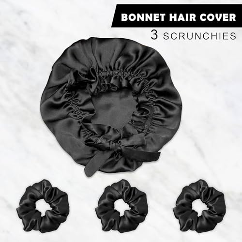 Image of GLUN Hair Protector Bonnet Cap with 3 Scrunchies Combo, Pack of 1 Black Colour, Prevents Hair Breakage, Frizz Control and Moisture Retention, Ideal for Curly & Natural Hair