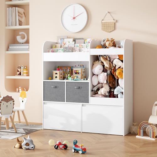 Image of 42.9'' Toy Storage, Large Stuffed Animal Holder with Toy Chest and Play Mat, Toy Organizer with Kids Bookshelf, Wooden Organization with 2 Movable Drawers for Kids Room Bedroom Playroom,White
