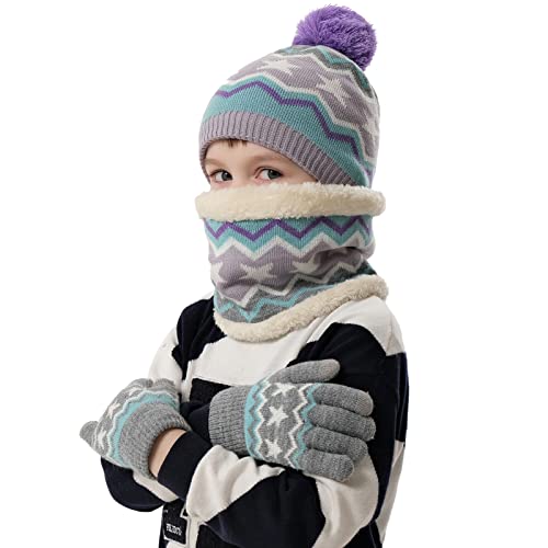 Image of Kids Toddlers Winter Hats Knit Warm Beanie Scarf Gloves Set for Boys Girls Age 2-7, Pompom Cap Neck Warmer Fleece Lined Gifts