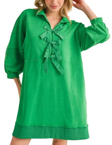 Esmeling Women Front Bow Dress Collar Lapel Long Sleeves Mini Dress Solid Sweatshirt Dress with Pocket