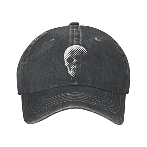 VunKo Abstract Skull Distressed Adjustable Washed Denim Low Profile Mens Dad Trucker Hat Baseball Ball Cap for Men, Black, One size Cover