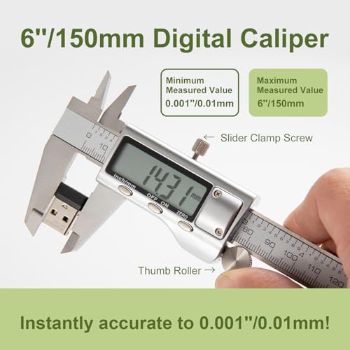 All-Metal Digital Caliper 0-6"/150mm Measuring Tool, Micrometer Caliper with Auto-Off Feature, Interchangeable Between inches and millimeters for DIY/Household and 3D Printing