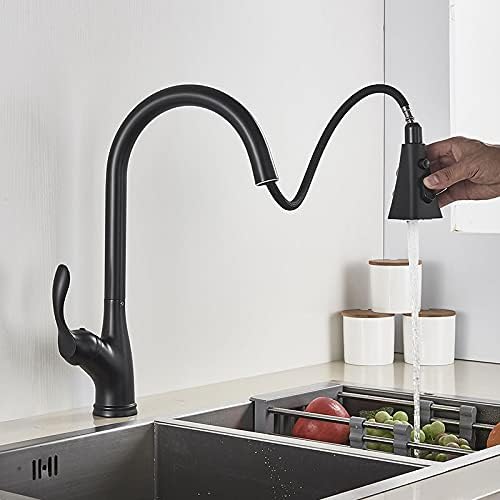 Kitchen Sink Faucet for Bar Farmhouse Commercial, Black Nickel Pull Out 3- Way Kitchen Faucet, Deck Mount 360 Degree Rotation Spary Stream Mode, Hot Cold Sink Mixers (Color : Black)