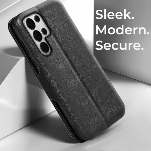 Image of PULOKA Premium Vegan Leather Phone Cover with Card Slot - Compatible with Samsung Galaxy S25 Ultra - Sleek Flip Case, Slim, Durable, Privacy Protection, Kickstand Function (Black)