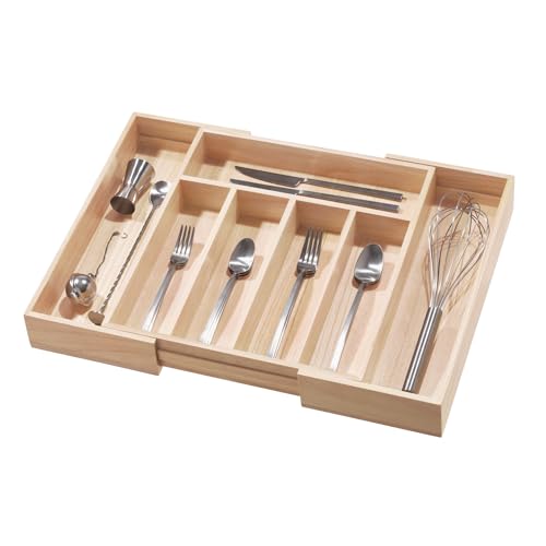 iDesign EcoWood Kitchen Storage Tray, Expandable Kitchen Utensil Holder Made of Paulownia Wood, Versatile Cutlery Holder for Kitchens, Beige