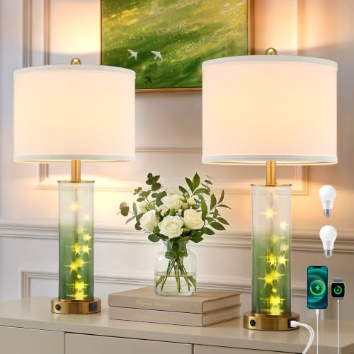 Hapcrea Green Glass Table Lamps for Bedroom Living Room, 27" Modern Lamps