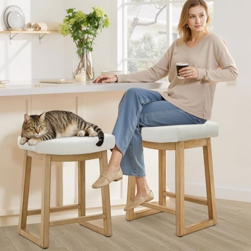 Image of 24 Inch Counter Height Bar Stool, Backless Upholstered Bar Stool with Wood Legs, Modern Farmhouse Saddle Stool for Kitchen Island, Home Bar, Ivory Fabric