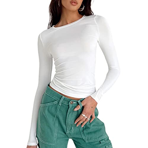 Top de Camiseta Corta de Manga Larga básica de Manga Larga para Mujer Y2K Tops TikTok Crop Top Club Party E-Girls Streetwear(White-a, S)