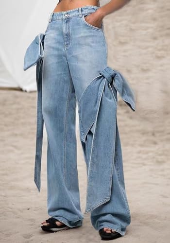 Women's Baggy Jeans Y2k Bow Tie Straight Wide Leg Denim Pants Streetwear Club Party3