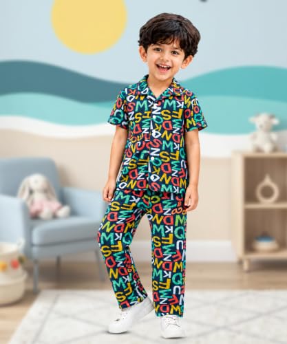 Image of 3BROS Unisex Pure Cotton Short Sleeve Kids Night Dress for Boys & Girls Nightwear /Sleepsuit /Sleepwear /Loungewear Night Suit for Boys and Girls Top and Pyjama Combo Set
