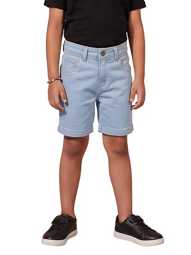 Image of KiddoPanti Boys Knee-Length Denim Shorts | Stretchable Cotton Poly Denim | Comfortable Fit with Button Elasticated Waistband & Zip Fly