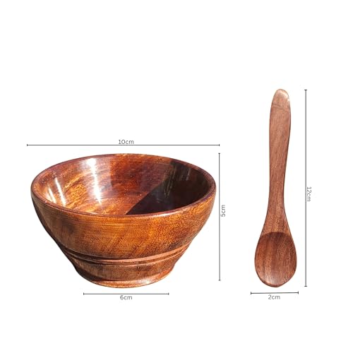 Image of Sheesham Wooden Serving Bowls with Spoons - Set of 6 | Multipurpose Small Bowls for Snacks, Spices, Chutney, Pickles, Kitchen & Dining Use