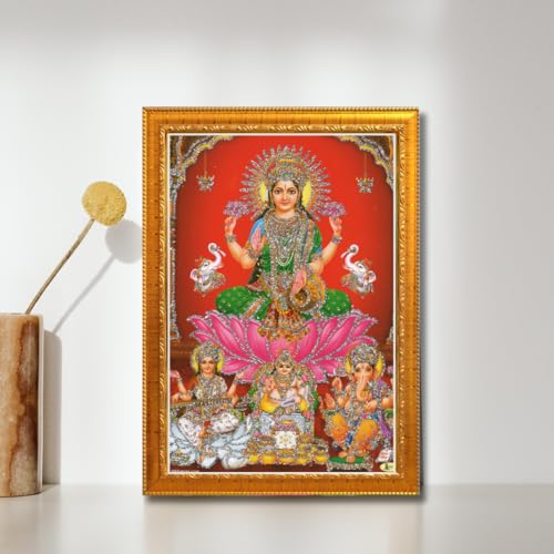 Image of CRAFT QUEST Lakshmi Devi with ganesh ji and saraswati mata Wall Painting Photo Frame for Diwali Pujan (Synthetic, Golden, Sparkle Finish, Small Size, 8 X 6 Inch)