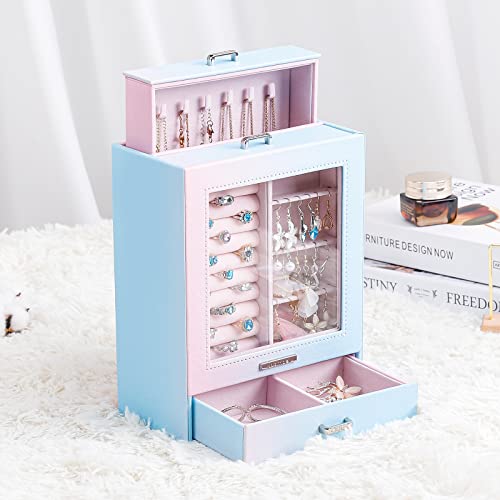 Homde Jewelry Organizer Girls Women Jewelry Box For Necklaces Rings Earrings Gift Jewelry Storage Case (Blue + Pink) #TOP6