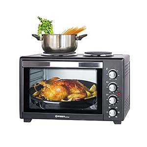 TZS First Austria/30 Liter 3200 Watt Mini Oven with Hot Plates and Cookie Sheet | Rotisserie and Convection Mini | Miniature | Pizza Oven Hotplate separately normal, while cooking & Baking