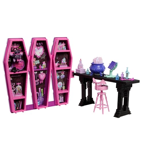 Monster High Draculaura Secret Potion Room Conjunto de Juego con Juguetes y Accesorios, Mascota murciélago Count Fabulous, más de 12 Piezas de Juego y transformaciones Sorpresa, JBF15
