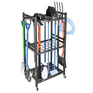 Gartenwerkzeug Organizer mit 4 Haken, Metall Gartengerätehalter für Besen Mop Rechen Schaufel, Gartenwerkzeug aufbewahrung für Garten und Garage Garagen, garten organizer (schwarze, 42x30x80 cm)