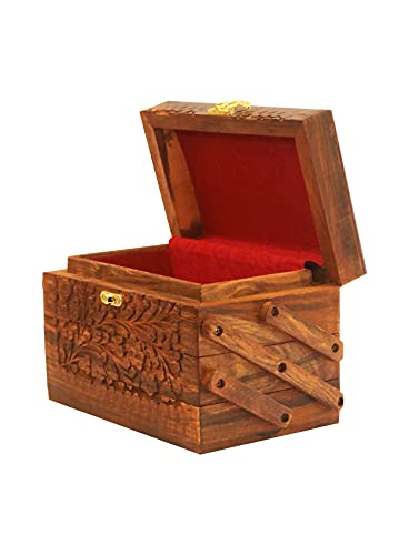 Skez Handcrafted Wooden Jewelry Box | 3 Tier Real Natural Wood Jewelry Box With Beautiful Soft Red Velvet Lining | Rustic Farmhouse Style Jewelry Box #TOP6