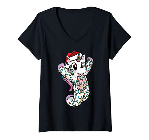 Mujer Unicornio Navidad Papá Noel sombrero luces niños niño pequeño Navidad Camiseta Cuello V