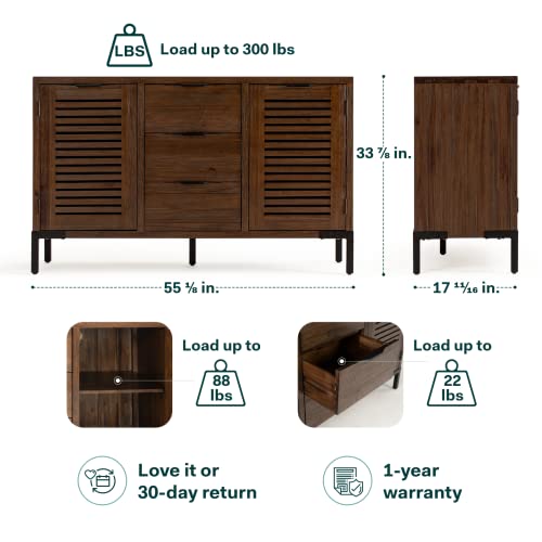 Bme Millie Premium Solid Wood 55 Inch Buffet Storage Credenza, Pre-Assembled With 3 Drawers & 2 Doors, Modern Farmhouse Accent Cabinet For Living Room & Dining Room, Sideboard_Chesnut #TOP2