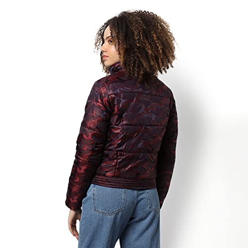 Image of Campus Sutra Women Red Camouflage Puffer Regular Fit Bomber Jacket For Winter Wear | Collared Neck | Full Sleeve | Zipper | Casual Jacket For Woman & Girl | Western Stylish Jacket For Women