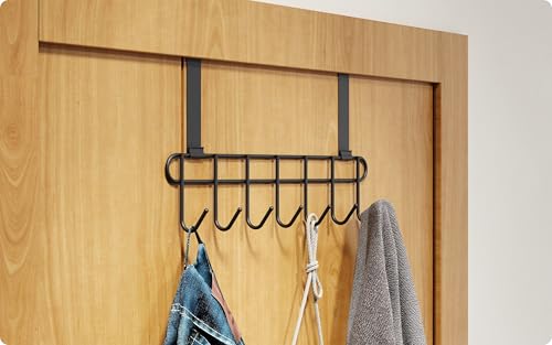 Image of Amiraj Multi-Alloy Steel Over-The-Door Hook Hanger Rack | No Drilling Required, 7 Hooks for Bedroom, Bathroom & Kitchen Doors | Hanging Organizer, Black (Pack of 1)