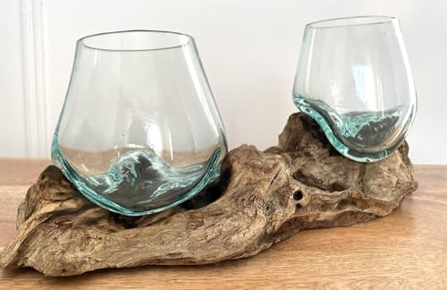 Molten Glass Round Decorative Bowl On Wood Root Stand Glass Rustic Ornament Sculpture Key Sweet Display Dish (Double 27cm)