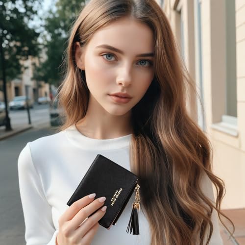 Image of KOTORA Womens Small Wallet Girls Tiny Slim Wallets Pretty Mini Card Holder Thin Short Zip Coin Purse with Love Pendant and Tassels (Black)