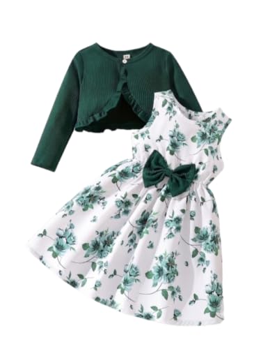 Image of Girl's Cotton Jacket Pair Floral Printed Sleeveless Dress