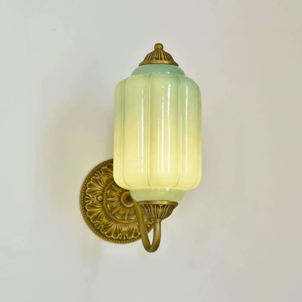 SXWNBIFH Vintage Single Wall Sconces Mid Century Modern Gradient Green Glass Wall Light Fixture Rustic Globe Wall Lamp Antique Brass Hallway Wall Mount Lights for Bedroom Bedside Living Room