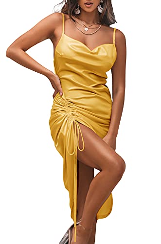 Image of LYANER Women's Satin Spaghetti Straps Cowl Neck Sexy Ruch Cocktail Midi Dresses