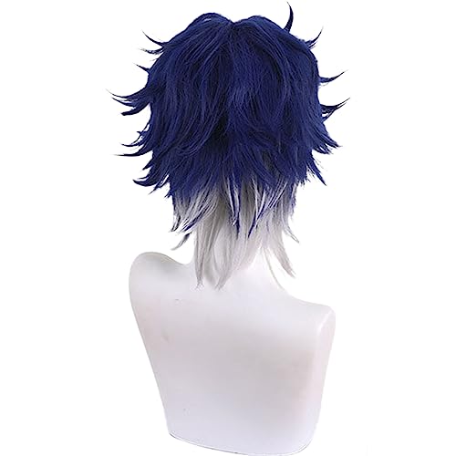 Image of Anime Blue Grey Gradient Wigs Men Short Straight Wig with Side-Part Bangs Layered Haircut Game Salesman Cosplay Wigs Halloween,Christmas,Comic con,Game Show,Party