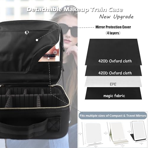 Image of MOMIRA Travel Makeup Bag Cosmetic Bag Makeup Organizer Bag with Lighted Mirror, Adjustable Brightness in 3 Color Scenarios, Waterproof Makeup Train Case, Gift for Women - Woven black