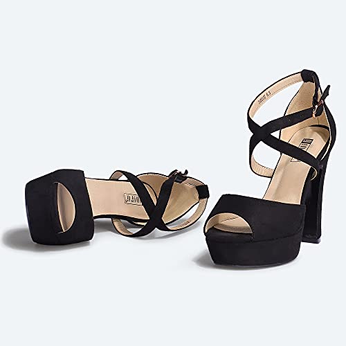 IDIFU Women's Platform Strappy Chunky High Heels Dress Sandals Peep Toe Wedding Party Evening Shoes for Women Bride (Black Suede, 7 M US) by IDIFU - Used condition - Image 4