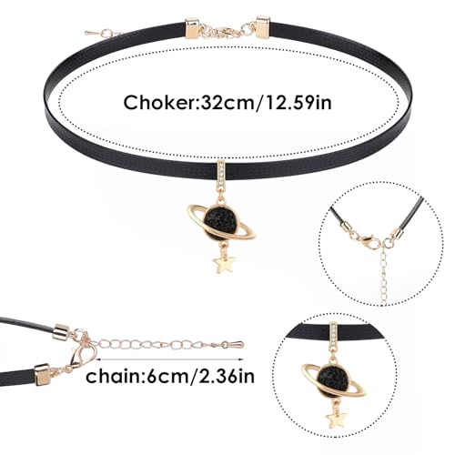 Yolev Choker Schwarz Halskette Damen Leder Goth Halskette Schwarzes Halsband Gothic Choker Halsband Kette mit Kosmischer Planet Anhänger Schmuck Lederkette Damen Mädchen Weihnachten Zubehör