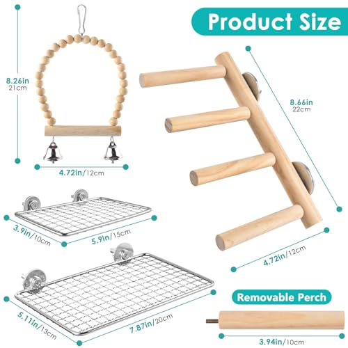 Image of DBNESS 4Pcs Bird Perches Toys, Stainless Steel Perch Platform (2 Sizes), Natural Wood Parrot Climbing Ladder & Swing with Bell, Play Gym Cage Accessories for Budgie Cockatiel Lovebird Canary Conure