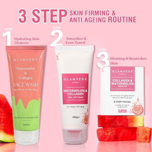 Image of Glamveda Watermelon 3 Step Skincare Routine | Face Wash, Facial Kit & Peel Off Mask | For Glowing Skin | Reduce Acne Scars, Fine Lines & Wrinkles | For Women & Men | All Skin Type