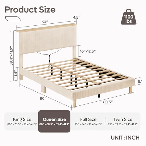 Image of Bestier Queen Bed Frame with Storage Headboard & LED, Upholstered, Beige