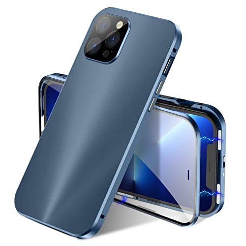 Case for iPhone 12 Pro, Jonwelsy 360 Degree Full Body Protection Case Magnetic Attraction Metal Bumper Front Glass+Plating Back Cover with Lens Protector for iPhone 12 Pro 6.1" (Aurora Gray)