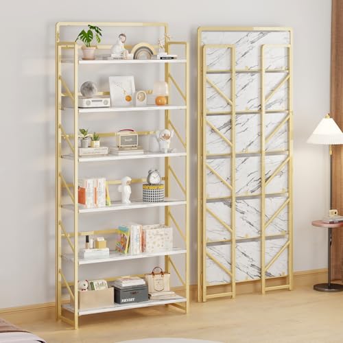 Image of JSB 6 Tier No Assembly Folding Bookshelf, 30.3 inch Wide Foldable Storage Bookcase for Home Office, Space-Saving Storage Shelf for Living Room (White&Gold)