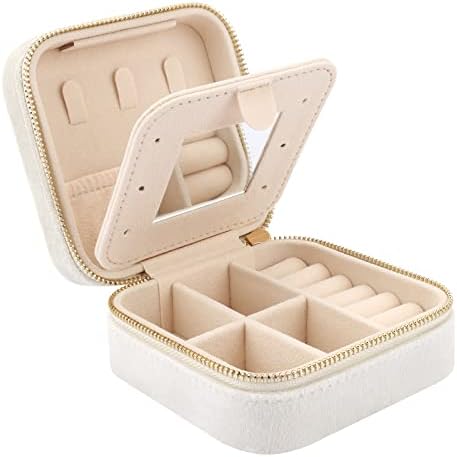 Mini Velvet Travel Jewelry Case with Mirror, Travel Jewellery Box Organiser, Small Jewelry Organiser Storage for Rings Earrings Necklace Bracelets, Grey
