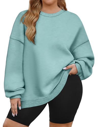 IN'VOLAND Plus Size Womens Sweatshirts Crewneck Long Sleeve Tops Fleece Pullover Hoodies Fall Fashion Clothes with Pocket Lightgreen