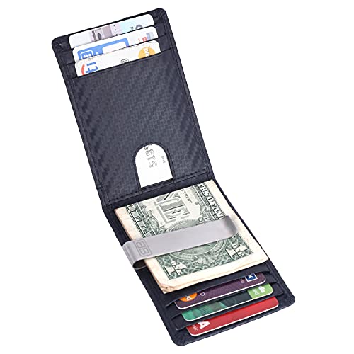 Image of Brooklyn Bridge Genuine Leather Money Clip Wallet for Men Carbon Fiber Black - Premium Slim RFID Protected Wallet with Cash Clip & Multiple Card Slots, Stylish Front Pocket Design, Gift for Men