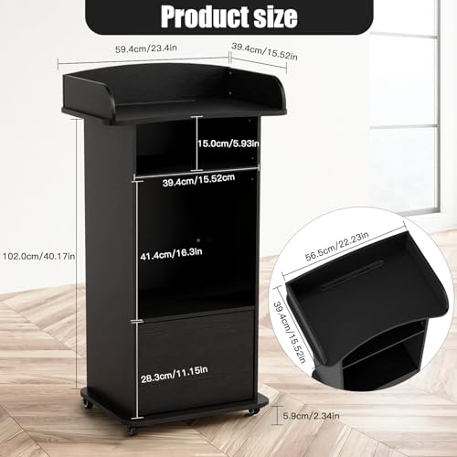 Podium Stand Portable with Wheels, Classroom Lectern for Teacher with Adjustable Storage Shelf, Mobile Rolling Church Pulpits, Office Wooden Reception Desk, Host Stand for School Conference（Black） - Thumbnail 2